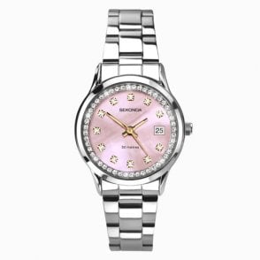 Ladies Round Pink Mother-Of-Pearl Dial Stainless Steel Bezle Stainless Steel Bracelet Watch 40475