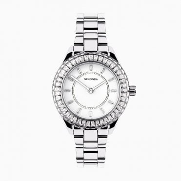 Ladies Round White Dial Stainless Steel Bracelet Watch 40670