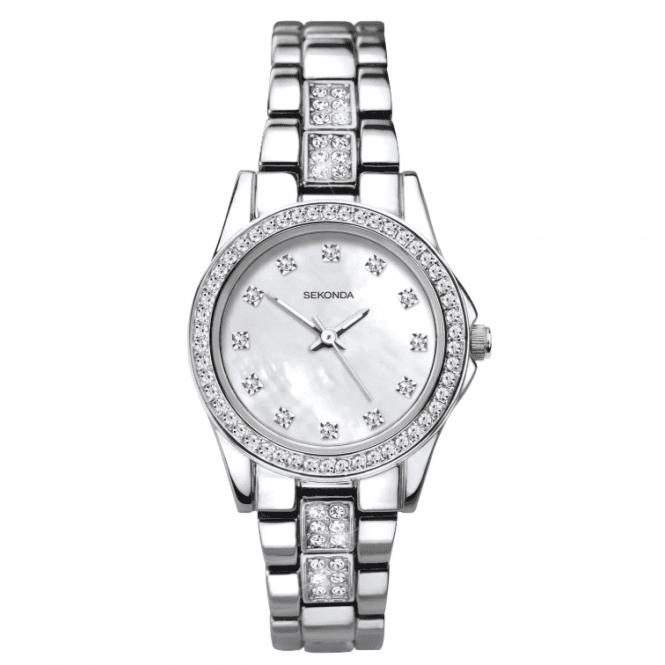 Sekonda Ladies Round White Mother of Pearl Stone Set Dial Stainless Steel Bracelet Watch 2841
