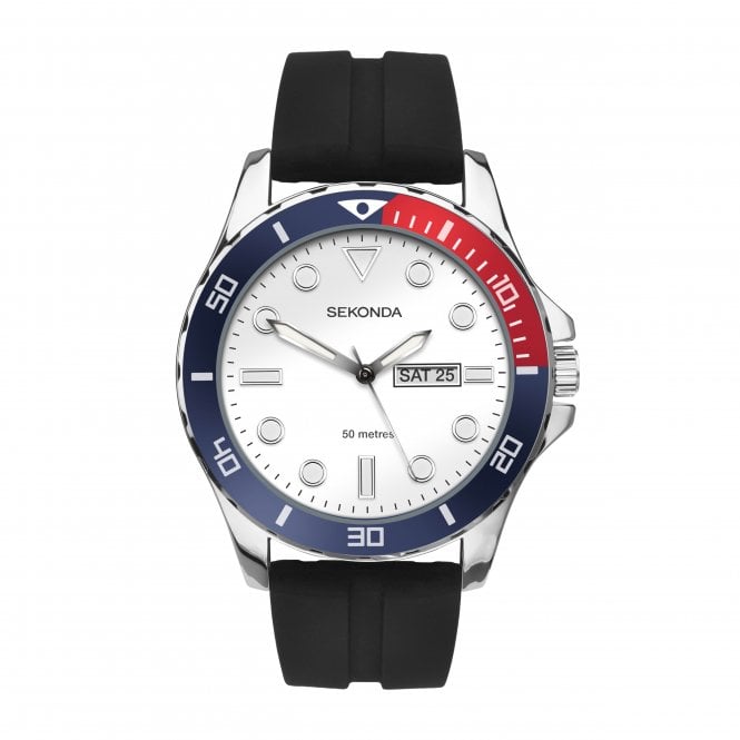 Sekonda Mens BALEARIC Round Silver Dial Pepsi Bezel Black Strap Watch 30356