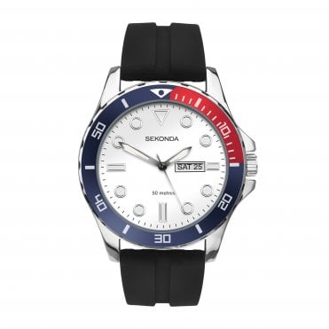 Mens BALEARIC Round Silver Dial Pepsi Bezel Black Strap Watch 30356