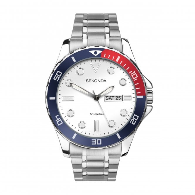 Sekonda Mens BALEARIC Round Silver Dial Pepsi Bezel Stainless Steel Bracelet 30357