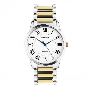 Mens Beaumont Round White Roman 50 metres Dial 2 Colour Bracelet Watch 30248