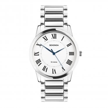 Mens Beaumont Round White Roman 50 metres Dial Stainless Steel Bracelet Watch 30246