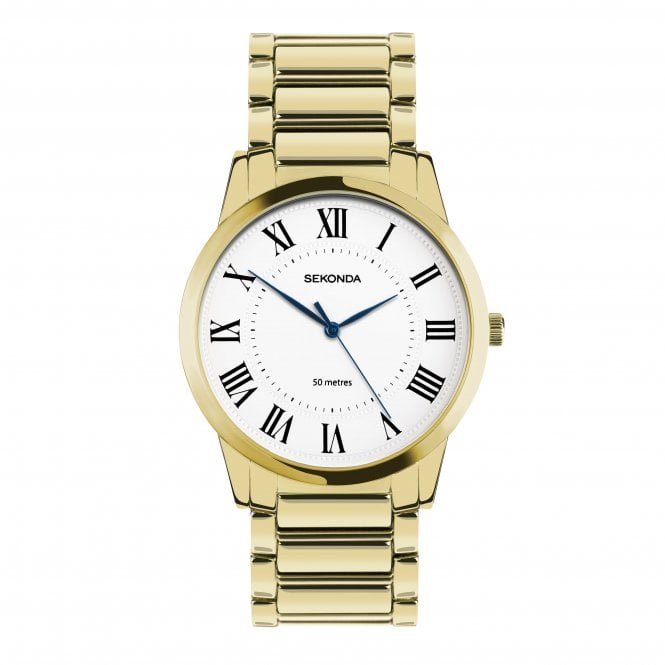 Sekonda Mens Beaumont Round White Roman 50 metres Gold Plated Bracelet Watch 30247