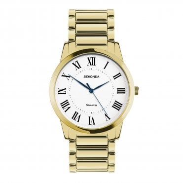 Mens Beaumont Round White Roman 50 metres Gold Plated Bracelet Watch 30247