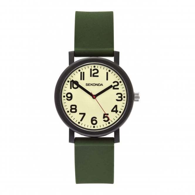 Sekonda Mens/Boys Round Luminescent Dial Green Silicone Strap Watch 30360
