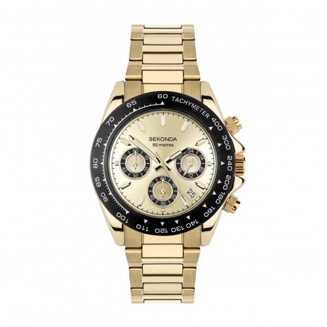 Sekonda Mens CIRCUIT Round Gold/Black Chronograph Dial Gold Plated Bracelet Watch 30362