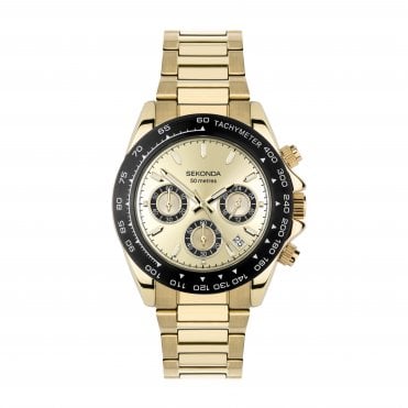 Mens CIRCUIT Round Gold/Black Chronograph Dial Gold Plated Bracelet Watch 30362