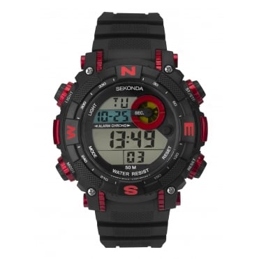 Mens Digital Black/Red Bezel Rubber Strap Watch 1525