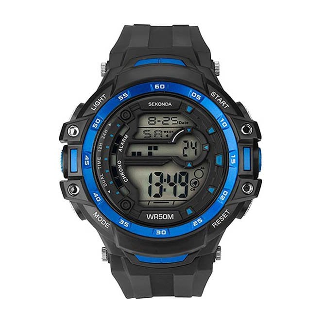 Sekonda Mens Digital Round Dial Blue Bezel Black Rubber Strap Watch 1520