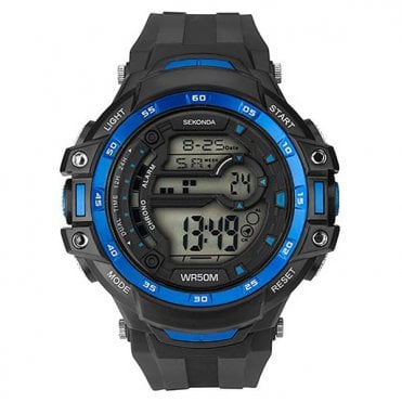Mens Digital Round Dial Blue Bezel Black Rubber Strap Watch 1520