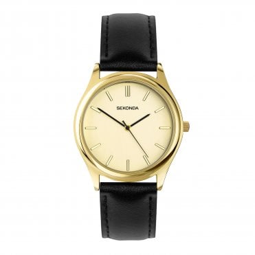 Mens Evans Round Champagne Dial Black Strap Watch 30253