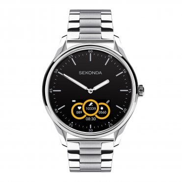 Mens Hybrid Smart Watch Round Black Dial Stainless Steel Bracelet Watch 30149