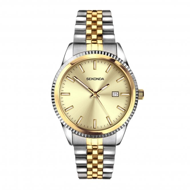 Sekonda Mens King Round Champagne Date Dial Fluted Bezel 2 colour Bracelet Watch 30259