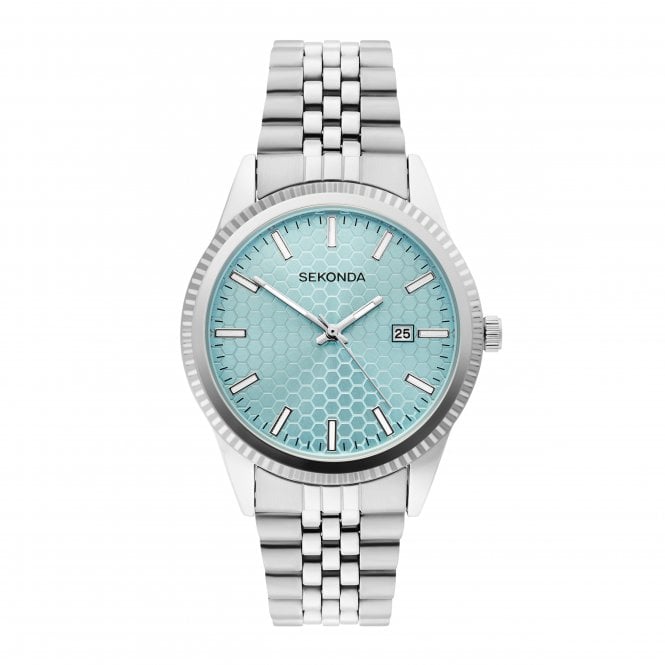 Sekonda Mens KING Round Pale Blue Honeycomb Dial Stainless Steel Bracelet Watch 30347