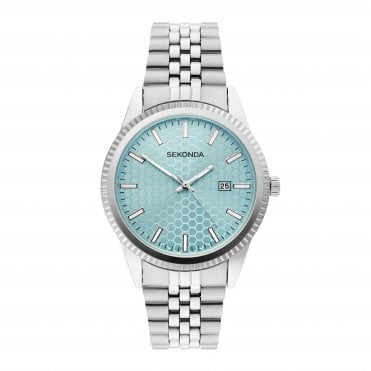 Mens KING Round Pale Blue Honeycomb Dial Stainless Steel Bracelet Watch 30347