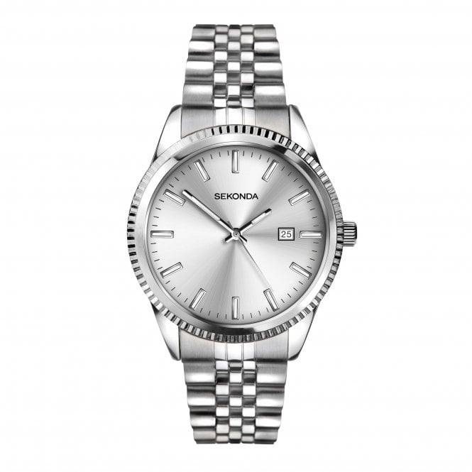 Sekonda Mens King Round Silver Date Dial Fluted Bezel Stainless Steel Bracelet Watch 30258