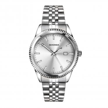 Mens King Round Silver Date Dial Fluted Bezel Stainless Steel Bracelet Watch 30258