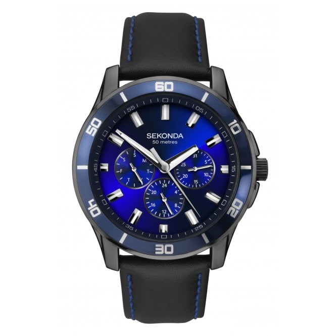 Sekonda Mens 'Midnight Blue' Round Blue Multi Dial Black/Blue Leather Strap Watch 1634