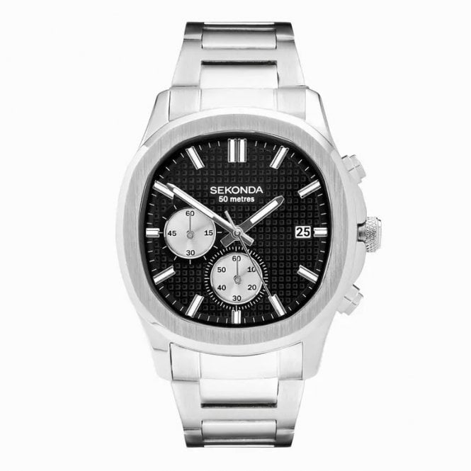 Sekonda Mens OCTAIRE Cushion Black Chronograph Date Dial Stainless Steel Bracelet Watch 30278