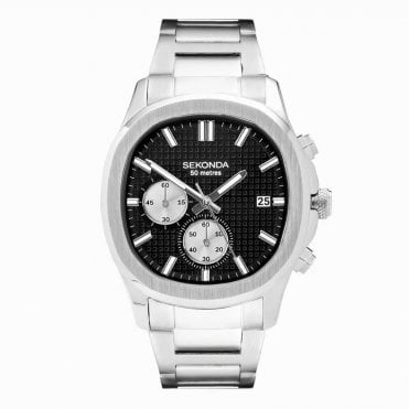 Mens OCTAIRE Cushion Black Chronograph Date Dial Stainless Steel Bracelet Watch 30278