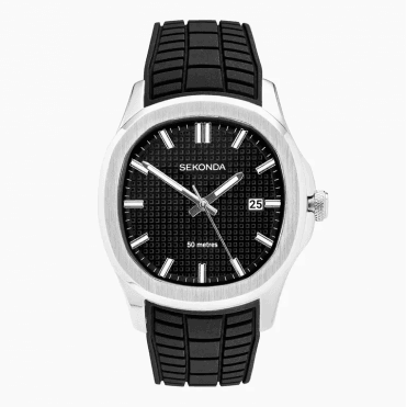 Mens OCTAIRE Cushion Black Dial Black Silicon Strap Watch 30274