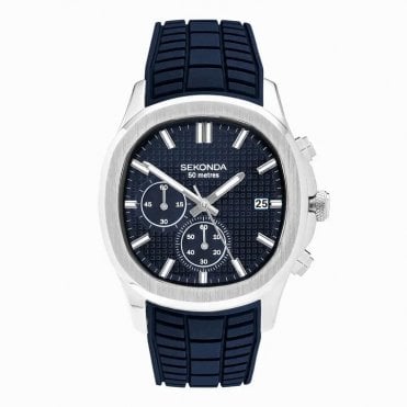 Mens OCTAIRE Cushion Navy Chronograph Date Dial Blue Silicon Strap Watch 30276