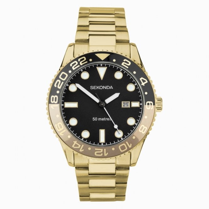 Sekonda Mens Round 50 metres Water Resistant Black Dial Black Bezel Gold Bracelet Watch 30198
