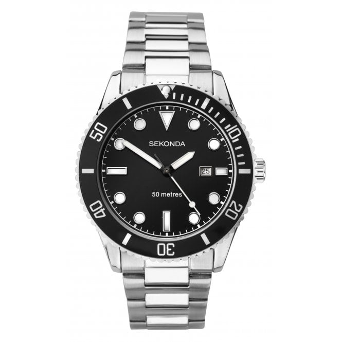Sekonda Mens Round Black 50M Date Dial Stainless Steel Bracelet Watch 1788