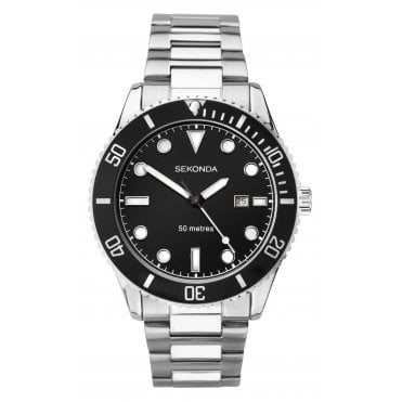 Mens Round Black 50M Date Dial Stainless Steel Bracelet Watch 1788