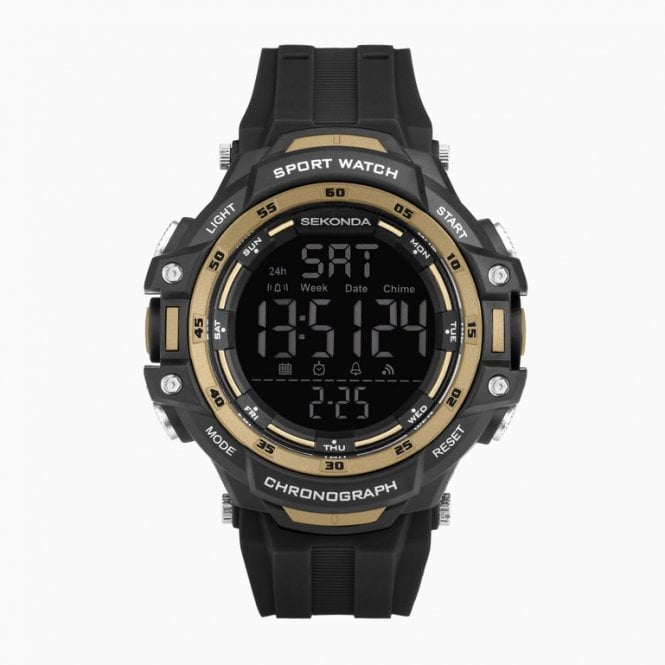 Sekonda Mens Round Black and Gold Digital Chronograph Black Silicone Strap Watch 30162