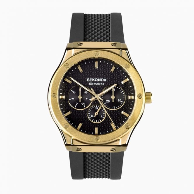 Sekonda Mens Round Black Chronograph Dial Gold Plated Bezel Black Silicone Strap Watch 30233