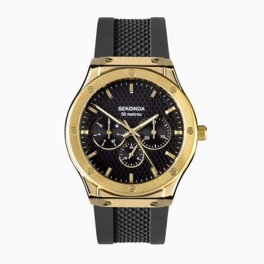 Mens Round Black Chronograph Dial Gold Plated Bezel  Black Silicone Strap Watch 30233