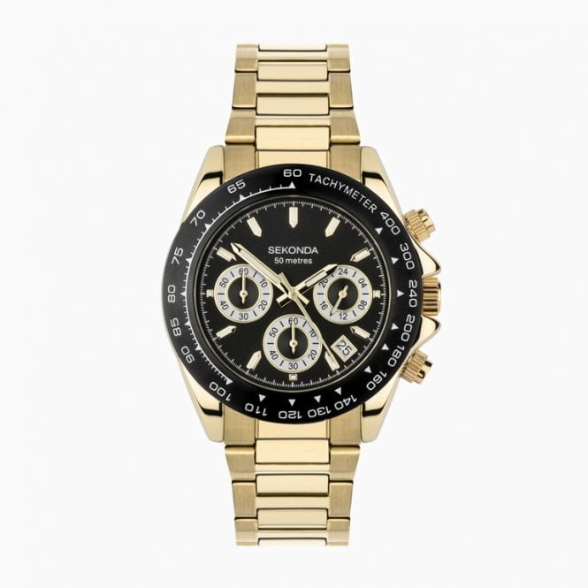 Sekonda Mens Round Black Chronograph Dial Gold Plated Bracelet Watch 30203