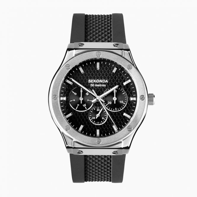 Sekonda Mens Round Black Chronograph Dial Steel Bezel Black Silicone Strap Watch 30230