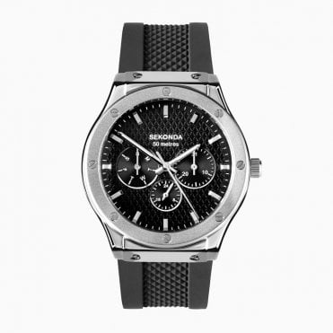 Mens Round Black Chronograph Dial Steel Bezel  Black Silicone Strap Watch 30230