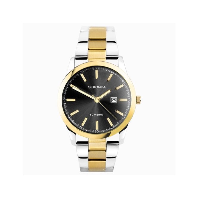 Sekonda Mens Round Black Date Dial 2 Colored Bracelet Watch 30049