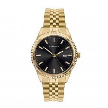 Mens Round Black Date Dial Gold Plated Bracelet Watch 1642