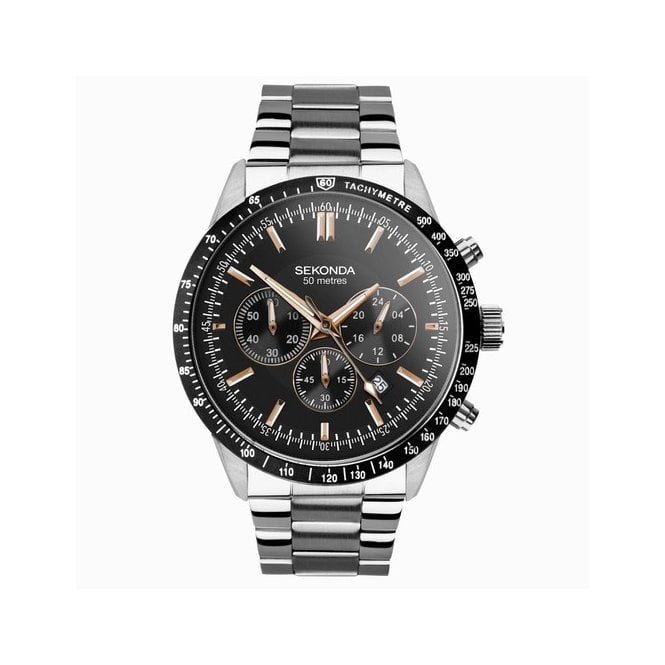 Sekonda Mens Round Black/Rose Date Chronograph Dial Stainless Steel Bracelet Watch 30023