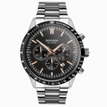 Mens Round Black/Rose Date Chronograph Dial Stainless Steel Bracelet Watch 30023