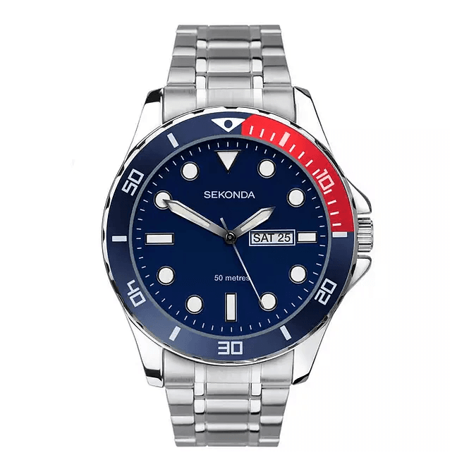 Sekonda Mens Round Blue 50m Day/Date Pepsi Bezel Stainless Steel Bracelet Watch 1607
