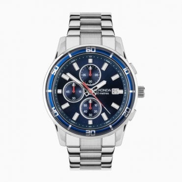 Mens Round Blue Chronograph 50 Metre Water Resistant Date Dial Stainless Steel Bracelet 30207
