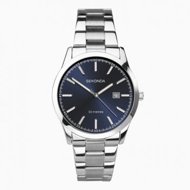 Mens Round Blue Date Dial Stainless Steel Bracelet Watch 1943
