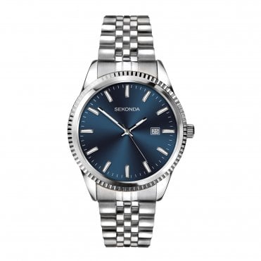 Mens Round Blue Dial Stainless Steel Bracelet Watch 1640