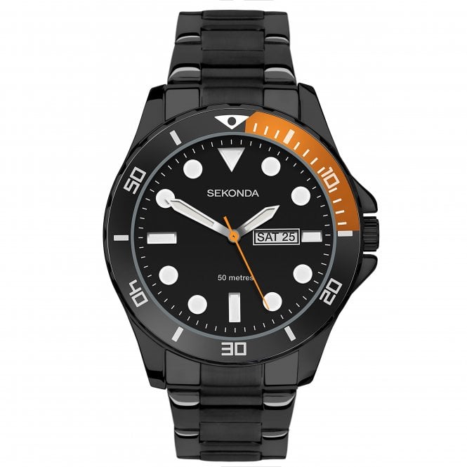 Sekonda Mens Round Day and Date Black Dial and Black IP Stainless Steel Bracelet Watch 30120