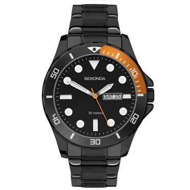 Mens Round Day and Date Black Dial and Black IP Stainless Steel Bracelet Watch 30120
