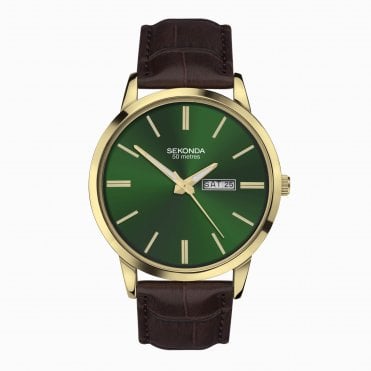 Mens Round Green Date Dial Gold Plated Bezel Brown Strap Watch 30151