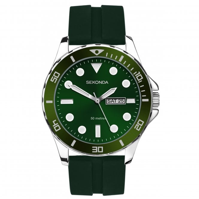 Sekonda Mens Round Green Day and Date Dial Black Silicone Strap Watch 30119