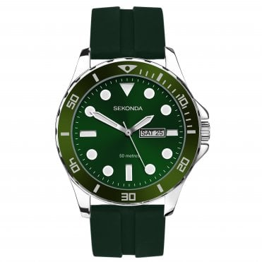 Mens Round Green Day and Date Dial Black Silicone Strap Watch 30119